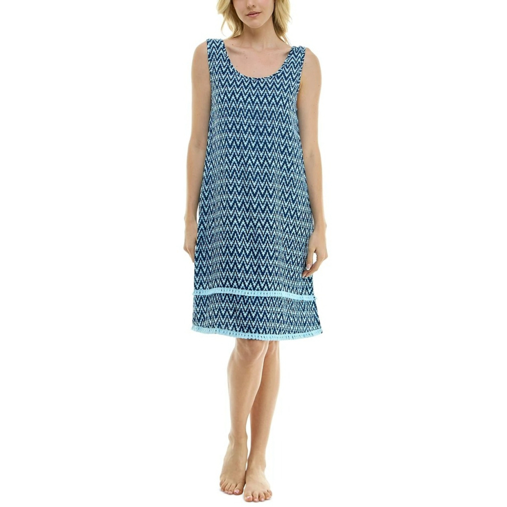 Roudelain Women's Size Small Dark Blue Printed Tassel-Trim Tank Nightgown NWT